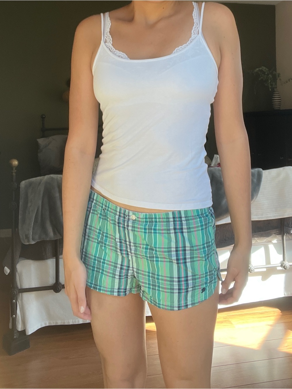 aerie Plaid Cotton Sleep Shorts - Mint & Navy